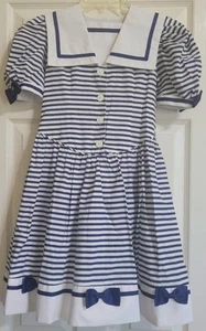 Sylvia Whyte Nautical Sailor Dress Navy Blue & White, Bows & Buttons, Sz 7 - Picture 1 of 8