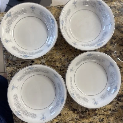 Set of 4 Mikasa Compton 5772 Blue Flowers Gray Scrolls 5.5" DESSERT BOWLS - Image 1 of 4