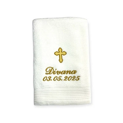 Kreuz Handtuch mit Name und Datum, Sauna, Wellness, Duschtuch, Taufe - Bild 1 von 4