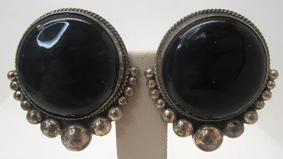 Vintage Sterling Silver Onyx Clip-On Earrings Large Beaded Studs - Image 1 of 4