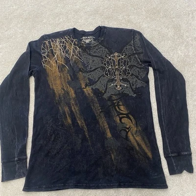 Vtg Y2K Brad Butter AOP Long Sleeve Thermal Stones Jeweled Black Shirt Size L - Image 1 of 4