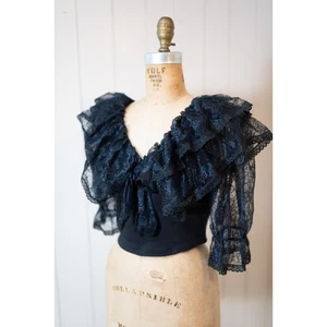 Vintage 90s Y2K Black Cropped Top, Romantic Vampy Sheer Lace Ruffle Blouse M L - Picture 1 of 13