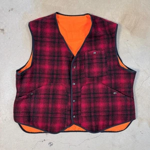 Mens Woolrich Red Black Plaid Quilted Fleece Vest Orange Reversible Hunting - Picture 1 of 5