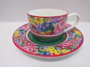 KENZO Paris AITO Japan Porcelain Roses Floral Bands Green Coffee Cup Saucer - Picture 1 of 4