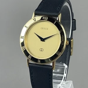 GUCCI Luxury Men's Watch 3000M Gold SS Quartz New Battery New Leather Band - Picture 1 of 23