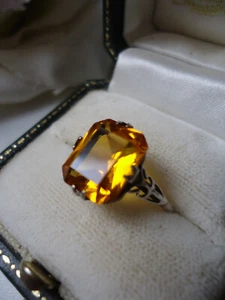 Antique Victorian - Art Deco Stunning Golden Topaz or Paste Silver Ring UK P - Picture 1 of 9