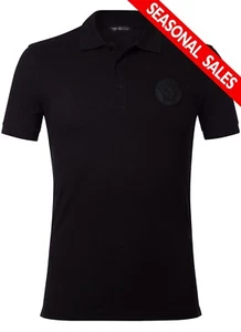 Versace Men's Black Polo Shirt With Round Leather Logo Slim Size 100% Cotton - Picture 1 of 14