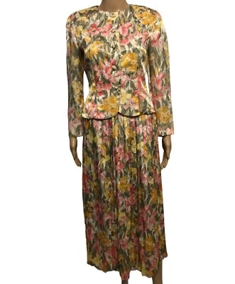 De Colección Conjunto Falda TALBOTS Talla 6 Rosa Floral Satinado Plisado Midi Largo 2 Piezas Foto 1 de 4