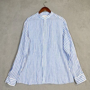 Massimo Dutti Shirt Men's 2XL White Blue Striped 100% Linen Preppy Vacation - Picture 1 of 13