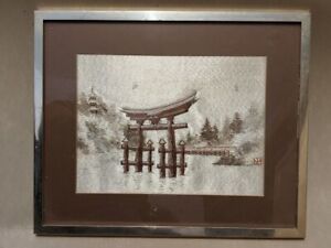 Antique Japanese Silk embroidery of a Torii gate ,Meiji-era 1868 – 1912