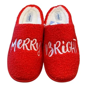 Men's Christmas Slippers Size 13 Sherpa Embroidered Merry & Bright Red White - Picture 1 of 5