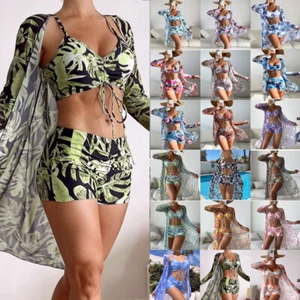 Women's Bikini Set Swimwear Long Sleeve Padded High Waist Cover Up Swimsuit 3PCS - Picture 1 of 33