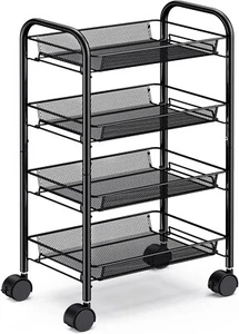 Storage Trolley 4 Tiers Mesh Wire Rolling Storage Cart Kitchen Bathroom Home - Picture 1 of 7