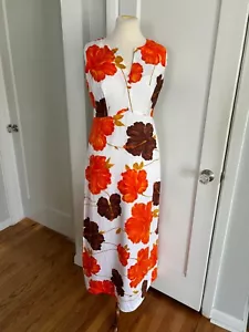 Vintage Malihini Hawaii White Orange Brown Floral Maxi Sleeveless Tiki Dress M - Picture 1 of 21