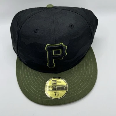New Era 59Fifty Pittsburgh Pirates Alt Black Camo Green Fitted Hat Cap 7 5/8 - Image 1 of 4