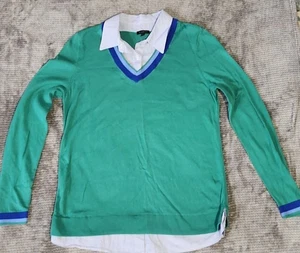 Talbots Faux Layered Long Sleeved Sweater, Button Collar, Sz SM Green, Preppy - Picture 1 of 8