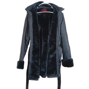 Cappotto Max USA pelle Penny Lane donna S nero foderato pelliccia sintetica con cappuccio cintura anni 70 - Foto 1 di 6