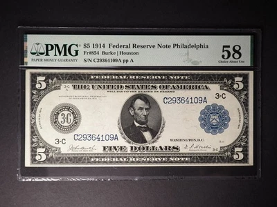 BILLETE DE $5 DE LA RESERVA FEDERAL DE 1914*FR#854*PMG 58* SELLO AZUL *ENVÍO GRATUITO* G0539 Foto 1 de 2