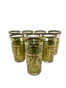 Juego de 8 vasos Highball Culver Toledo verde/oro 22k MCM vintage - Imagen 1 de 7