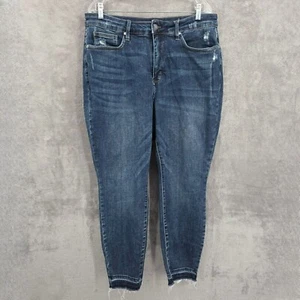 Pantalones de mezclilla Judy azules ajustados 20 W lavado medio desgastados dobladillo crudo tiro alto elásticos - Imagen 1 de 13
