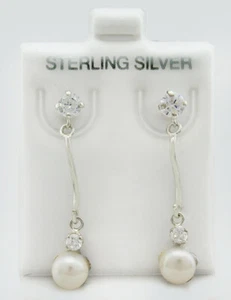 GENUINE PEARLS STUD DANGLING EARRINGS .925 Sterling Silver ** NEW WITH TAG ** - Picture 1 of 3