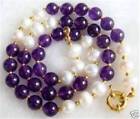 Beautiful 7-8mm Real White Pearl 8mm Purple Amethyst Gems Beads Necklace 18"