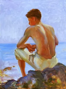 Pintura al óleo original Estudio después de Henry Scott Tuke, Cornwall joven hombre enmarcado. - Imagen 1 de 5