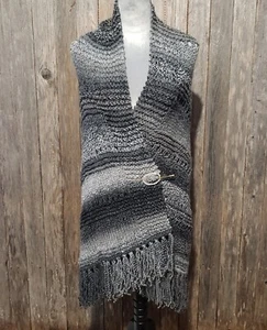 NEW Gray Shawl Scarf Wrap Boho Fringed Handmade Hand Knit Knitted Fringe Eyelet - Picture 1 of 9