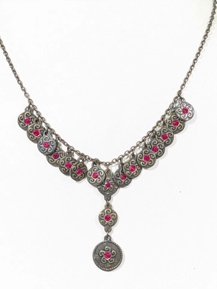 深青铜红色水钻圆形奖章小饰品项链波西米亚部落 20 英寸 — 第 1/1 张图片