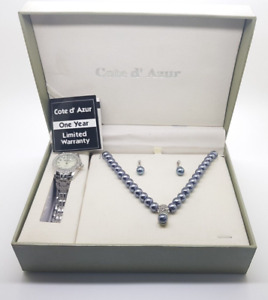 Cote D’ Azur Faux Blue/Gray Pearl Jewelry Set - Watch, Necklace & Earrings
