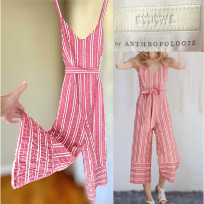 Anthropologie Ett:Twa Robin Cropped Wide Leg Red Stripe Jumpsuit S - Image 1 of 4