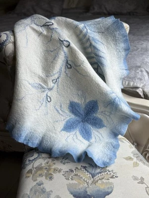 New Handmade Felted Wool On Silk Baby Blanket White With Blue Flowers 36 X 34 In - Image 1 of 4