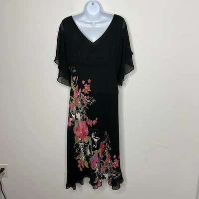 Vestido Adrianna Papell Mujer 14 Negro Seda Floral Gasa Midi Cuello en V Cuentas Foto 1 de 4
