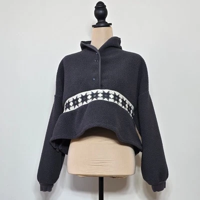 Madewell Sherpa Snap Fleece Pullover – Fair Isle Band – Charcoal – Size S - Image 1 of 4