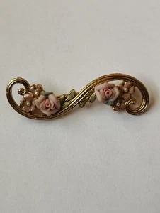 Pink Porcelain Roses Brooch Gold Tone Scroll Faux Pearl Flowers Pin Vtg 1928 - Picture 1 of 6