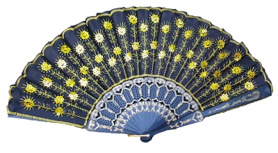 Yellow Sequins Peacock Decorative Plastic Hand Fan For Weddings Summer Foldable - Image 1 of 3