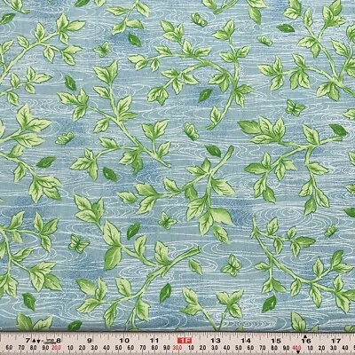Vintage Textiles Arts Green Twigs and Blue Water Cotton Fabric Remnant 17" x 45" - Image 1 of 2
