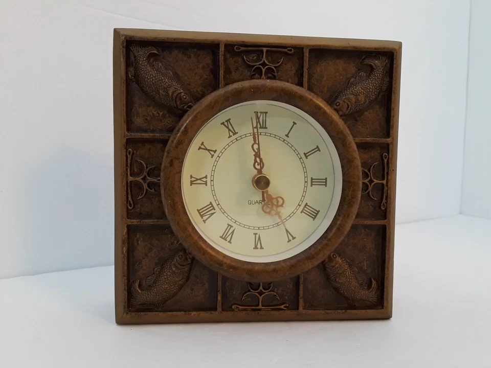Desk Clock Fishing/Angling Resin Fish & Hooks Design Square Brown Quartz - Image 1 of 4