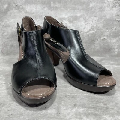 Sandalias de tacón de cuero negras Sanita punta abierta correa en el tobillo hebilla para mujer 9,5-10 Foto 1 de 4