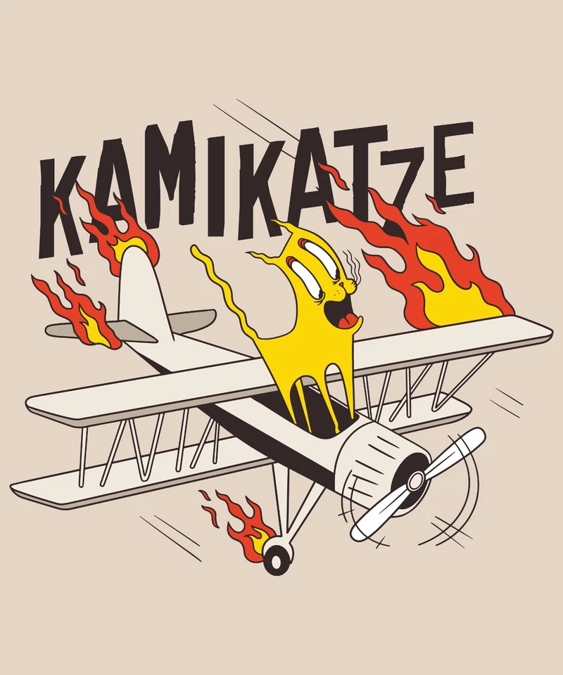 Kamikatze Sticker (4 Inch) Funny Cat Kamikaze Plane Flames Going Down Wreck - Imagen 1 de 1
