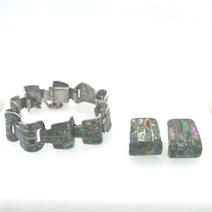 Wunderschön• Abalone Muschel Inlay Armband & Ohrringe ~ SET KONVOLUT Clip On Sterling - Bild 1 von 11