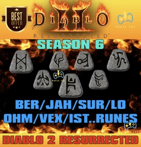 DIABLO 2 RESURRECTED🔥ALL RUNES🔥BER/JAH/SUR/LO/OHM/VEX/IST🔥D2R LADDER SEASON 6 - Picture 1 of 1