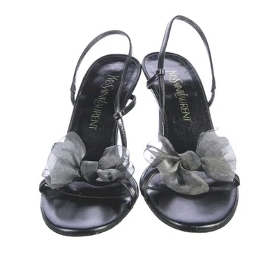 Yves Saint Laurent Black Metallic Leather Sandals With Silk Bow. Size 5.5 - Image 1 of 4