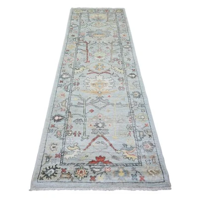 3'x9'5" Blue Afghan Angora Oushak Wool Hand Knotted Runner Oriental Rug G73869 - Image 1 of 4
