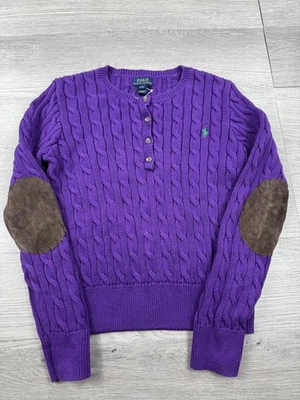 Polo Ralph Lauren Suéter Niñas L Púrpura Cable Tejido Cárdigan Codo Parche Poni Foto 1 de 4