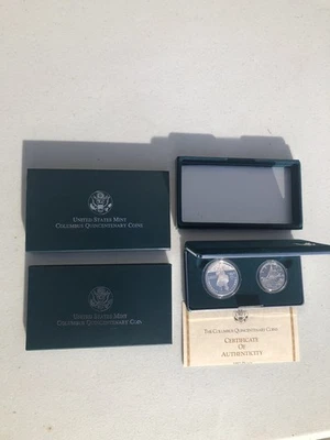 1992 Columbus Quincentenary Coin 2-Coin Proof Set 1-90% Silver Dollar, Clad Half - Image 1 of 4