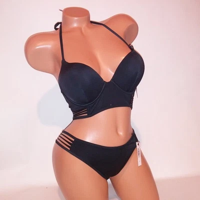 Victoria's Secret Swim Bikini 32C Top Small Bottom Black Bombshell Push Up Solid - Image 1 of 4