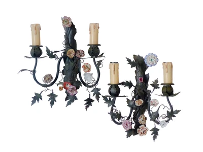 Antiguo par de apliques de pared verde Tole 1930 porcelana flores follaje #1 Foto 1 de 4