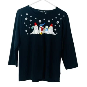Krazy Cat Navidad Vacaciones Muñeco de Nieve Lentejuelas Copo de Nieve Camisa Negra Algodón XL - Imagen 1 de 10