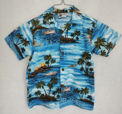 Aloha Republic Hawaiian Shirt Boys Kids Sz 5 Volcano Ships Planes Blue Button Up - Image 1 of 4